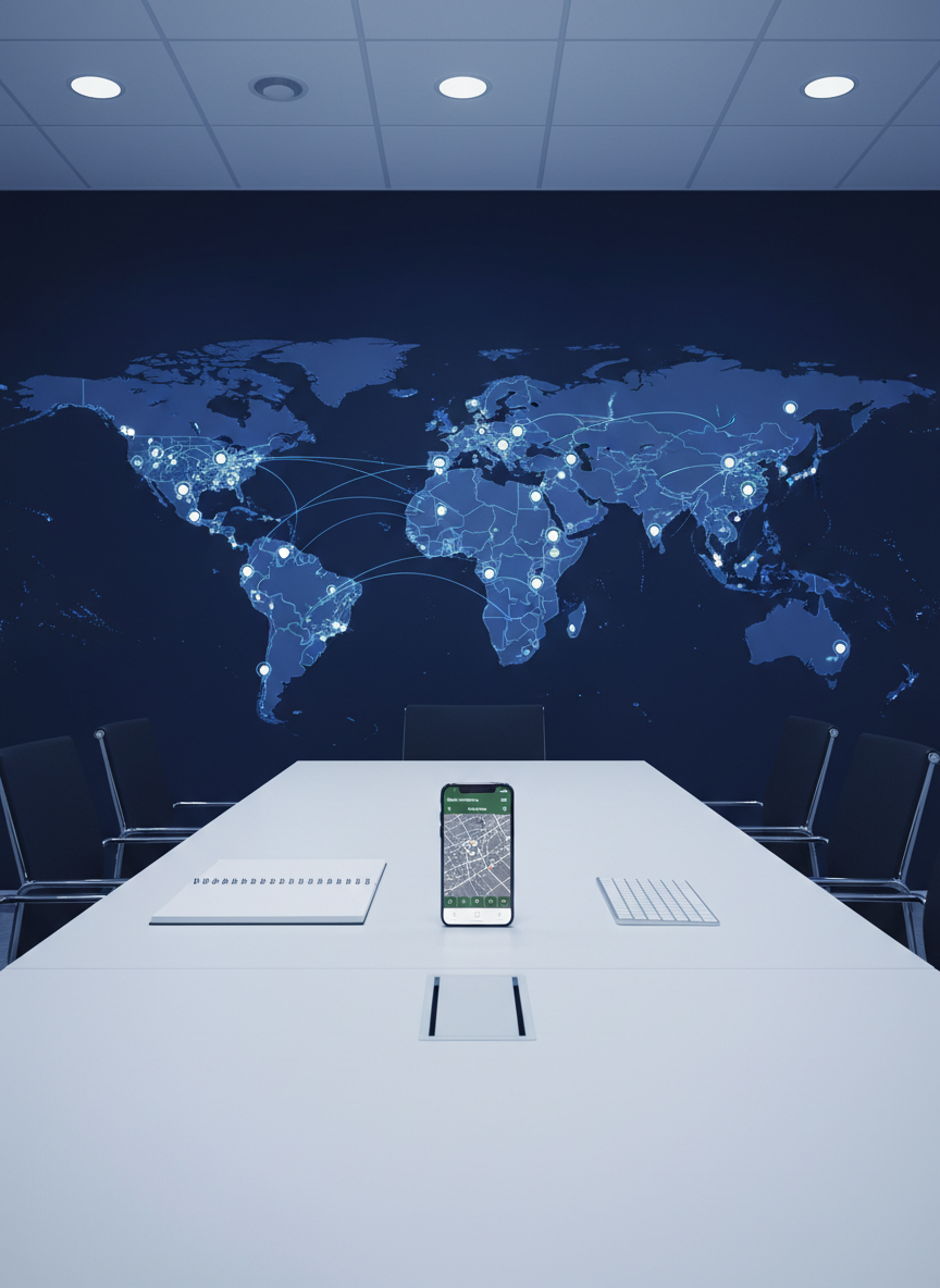 A large, high-resolution digital world map spans the wall of a minimalist conference room, rendered in deep navy with crisp, glowing circuits linking hundreds of tiny, illuminated city markers. In front of the map sits a slim, white conference table with a single open notebook, a smartphone showing a map of a new city, and a sleek wireless keyboard, all perfectly aligned. Overhead recessed lighting combines with faint ambient light from the map, bathing the scene in a professional, technological glow. Photographic realism, shot straight-on with sharp focus throughout, creates a clean, modern aesthetic that evokes strategic global networking and location-aware connections for traveling professionals.