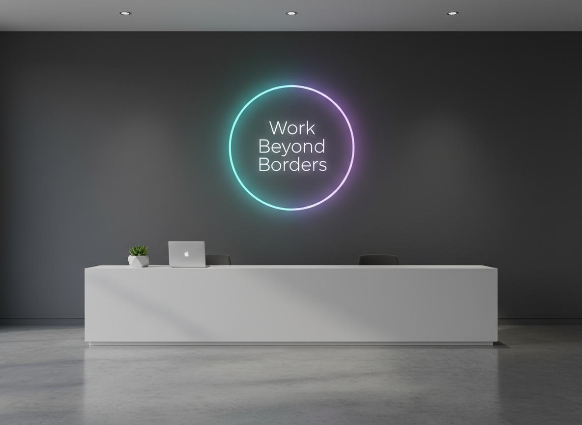 A minimalist, circular neon sign reading “Work Beyond Borders” in a refined sans-serif font, mounted on a matte charcoal wall in a contemporary lobby. The sign’s glow transitions smoothly from turquoise to soft violet, subtly reflecting off a low, white reception counter that holds a single, closed laptop and a small plant in a geometric pot. The floor is polished concrete, catching faint reflections of the neon circle. The environment is empty and uncluttered, lit almost entirely by the neon, with a few discrete downlights adding gentle highlights. Shot straight-on in photographic realism, the composition is centered and balanced, creating a bold yet calm atmosphere that speaks to global-minded professionals.