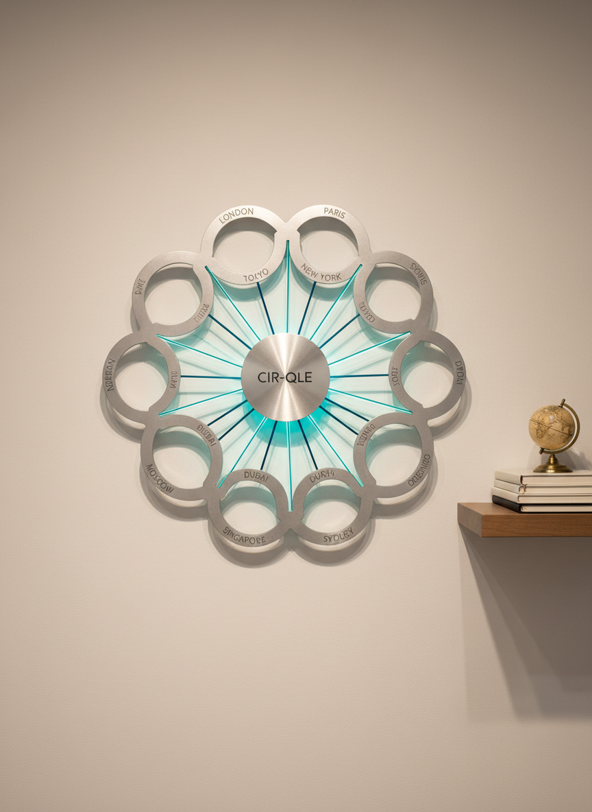 An elegant, circular wall installation made of brushed aluminum rings, each ring etched with the name of a different city, all interlinked around a central polished disc engraved with the word “Cir-qle.” Thin LED light traces run along the connections, glowing softly in gradients of teal and deep blue. Mounted on a smooth white office wall beside a minimalist floating shelf with neatly stacked notebooks and a small globe, the piece is bathed in warm, indirect studio lighting that casts delicate, overlapping shadows. Photographic realism with a centered, front-facing composition highlights the sculpture’s precision and depth, creating a sophisticated, professional atmosphere that symbolizes a borderless network.