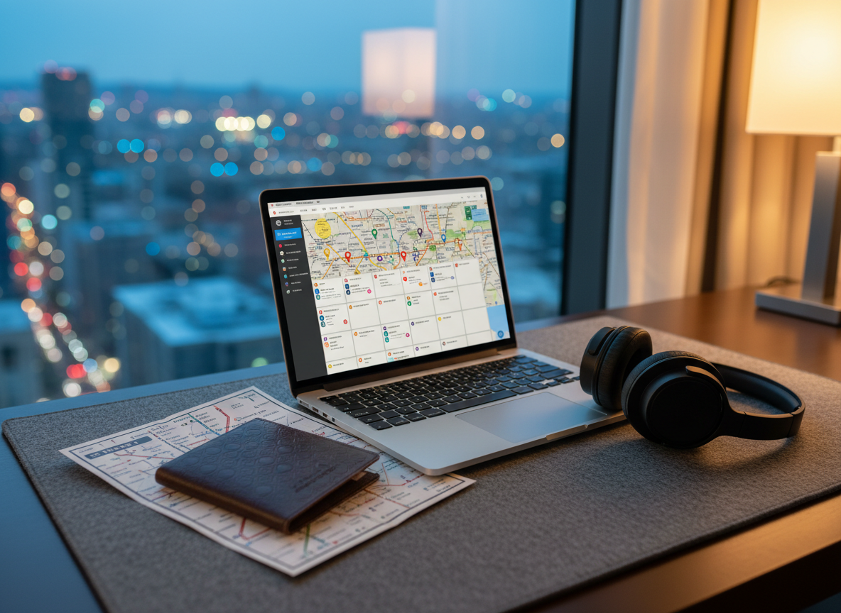 A compact, stylish travel workstation laid out on a soft grey felt desk mat in a boutique hotel room: a thin, silver laptop open to a city-based events calendar, a leather passport holder embossed with subtle circle motifs, a folded metro map, and noise-cancelling headphones resting in a neat arc. In the background, a floor-to-ceiling window reveals an out-of-focus cityscape at dusk, with colorful bokeh lights hinting at nightlife and local meetups. Warm ambient lamp light blends with the cool blue of the evening sky, creating a balanced, inviting mood. Shot from a slightly elevated, three-quarter angle in photographic realism, the composition is carefully arranged to suggest effortless professional mobility and connection in any city.