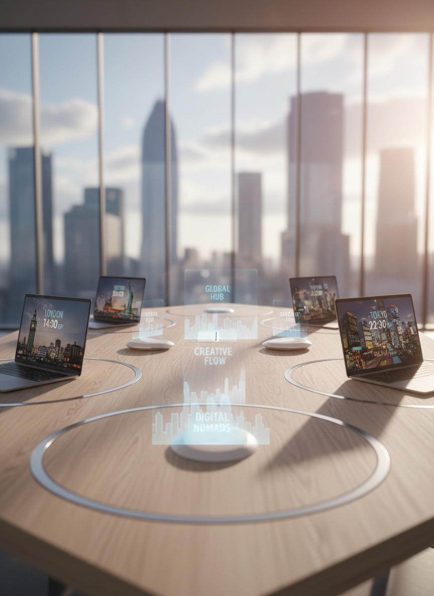 A modern co-working table crafted from light ash wood, its surface divided into clearly defined, circular work zones outlined by subtle inlaid metal rings. Within each ring, open laptops display different time zones and city backdrops, while between them, slim, wireless devices project faint holographic city labels onto the tabletop. The background shows a bright, glass-walled workspace with abstract, out-of-focus skyscrapers beyond. Soft afternoon sunlight pours in from the right, creating a warm gradient across the table and a few gentle lens flares. Captured from a slightly elevated angle with shallow depth of field in photographic realism, the image feels dynamic yet orderly, conveying the idea of professionals working separately yet connected globally.