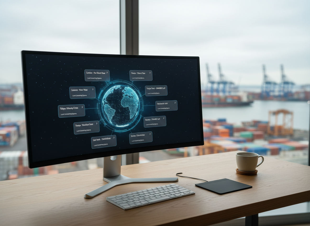 A sophisticated desktop setup in front of a large window overlooking a harbor with distant, blurred ships and cranes, suggesting international movement. On the desk, a wide curved monitor displays a clean interface: a central city globe surrounded by cards labeled with different cities and local coworking options. A slim wireless keyboard, a matte-black trackpad, and a ceramic cup on a cork coaster are arranged with precise spacing. Soft, overcast daylight fills the space, creating a calm, neutral tone with very soft shadows. Photographic realism, captured from a slightly off-center eye-level angle, emphasizes clarity and focus, embodying the organized, global workflow of remote professionals navigating new cities with ease.