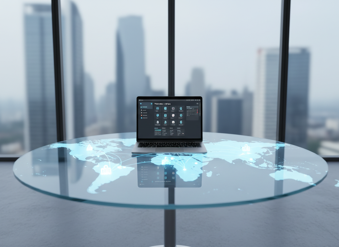 A sleek, circular glass-topped desk partially overlaid with a translucent world map, tiny illuminated nodes connecting major cities in fine, glowing lines. A slim, modern laptop sits open at the center, its screen displaying a clean dashboard of interconnected city icons and calendar events. The desk stands in front of a tall window overlooking an abstract, softly blurred city skyline, suggesting global reach without showing people. Cool, diffused daylight washes across the scene, creating gentle reflections in the glass and subtle shadows on a matte concrete floor. Shot at eye level with a slight angle, in photographic realism, the composition follows the rule of thirds and feels professional, polished, and inviting, evoking seamless global networking for remote professionals.