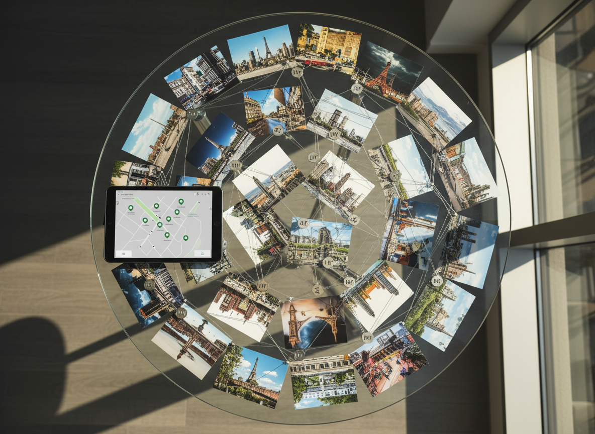 A circular, glass-topped coffee table in a sunlit, modern lounge, its surface covered with precisely arranged, glossy city postcards radiating outward like a network. Between the postcards, small metal pins with engraved city codes are connected by ultra-thin silver threads forming an intricate web. A tablet rests on one side, displaying a minimalist map with highlighted local coworking spots. Golden hour sunlight streams through a nearby window, casting warm, elongated shadows and creating gentle highlights along the threads. Photographic realism with a top-down, bird’s-eye composition emphasizes the symmetry and interconnectedness, evoking the feeling of a personal, curated global network that remains organized and accessible.