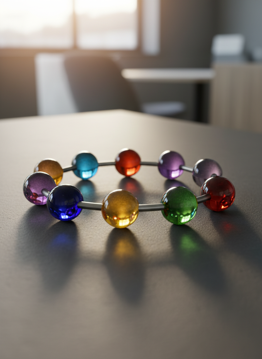 A close-up, eye-level photographic scene of a network of glossy, colorful glass spheres connected by thin brushed-metal rods, forming an elegant circular pattern on a matte charcoal tabletop. Each sphere glows from within with a different saturated color, hinting at diverse ideas and connections. A soft, diffused golden hour light streams in from the left, catching reflections on the glass and casting delicate overlapping circular shadows across the surface. The background falls into a smooth bokeh of a modern workspace with muted tones, keeping the focus on the interconnected circle. The composition follows the rule of thirds, with the brightest sphere slightly off-center, creating a mood that is innovative, curious, and slightly playful, rendered in crisp photographic realism.
