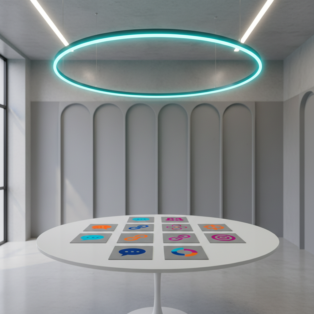 A wide, slightly elevated photographic view of a minimalist meeting room where a glowing circular neon light in bright turquoise hangs above a round white table. On the table lie neatly arranged, colorful business networking icons printed on matte cards: speech bubbles, link chains, and playful circular logos, all in vibrant blues, oranges, and magentas. The surrounding space features light concrete floors and soft gray acoustic panels, subtly curved to echo the circle motif. Cool, even LED lighting mixes with a gentle natural light from a high side window, creating soft shadows and a crisp, modern mood. The composition centers the neon ring, with the table below in sharp focus and the room gently fading into a smooth blur, conveying a dynamic yet approachable atmosphere.